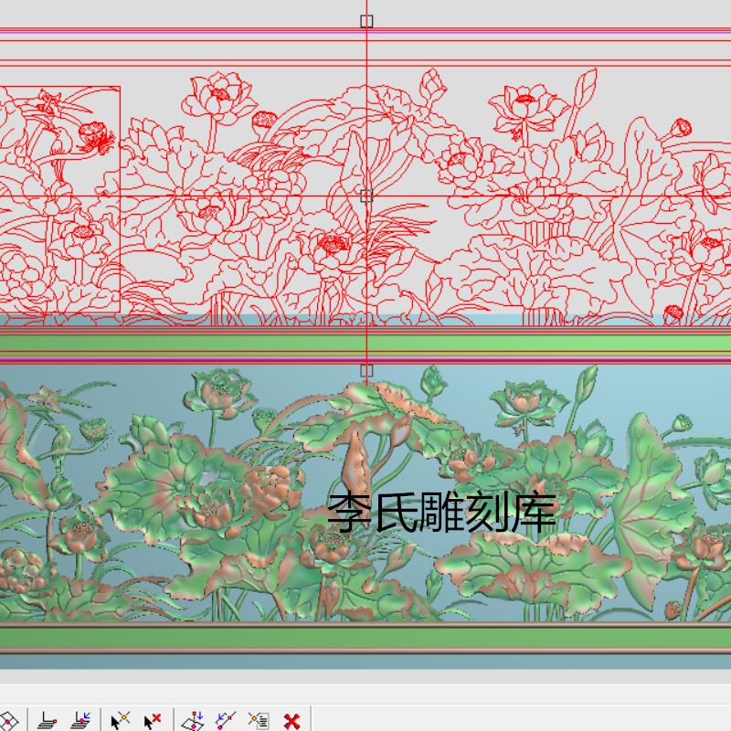 李氏雕刻库精雕图花鸟靠背浮雕图莲花横板灰度图木雕新款荷花背板