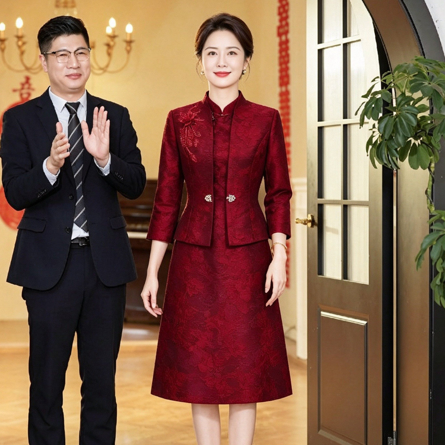 新中式妈妈婚宴A字旗袍两件套