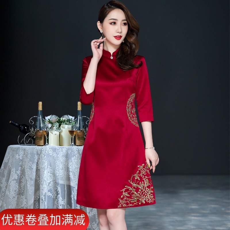 高端喜婆婆婚宴装国风旗袍秋新中式婚礼妈妈礼服中年喜庆连衣裙夏