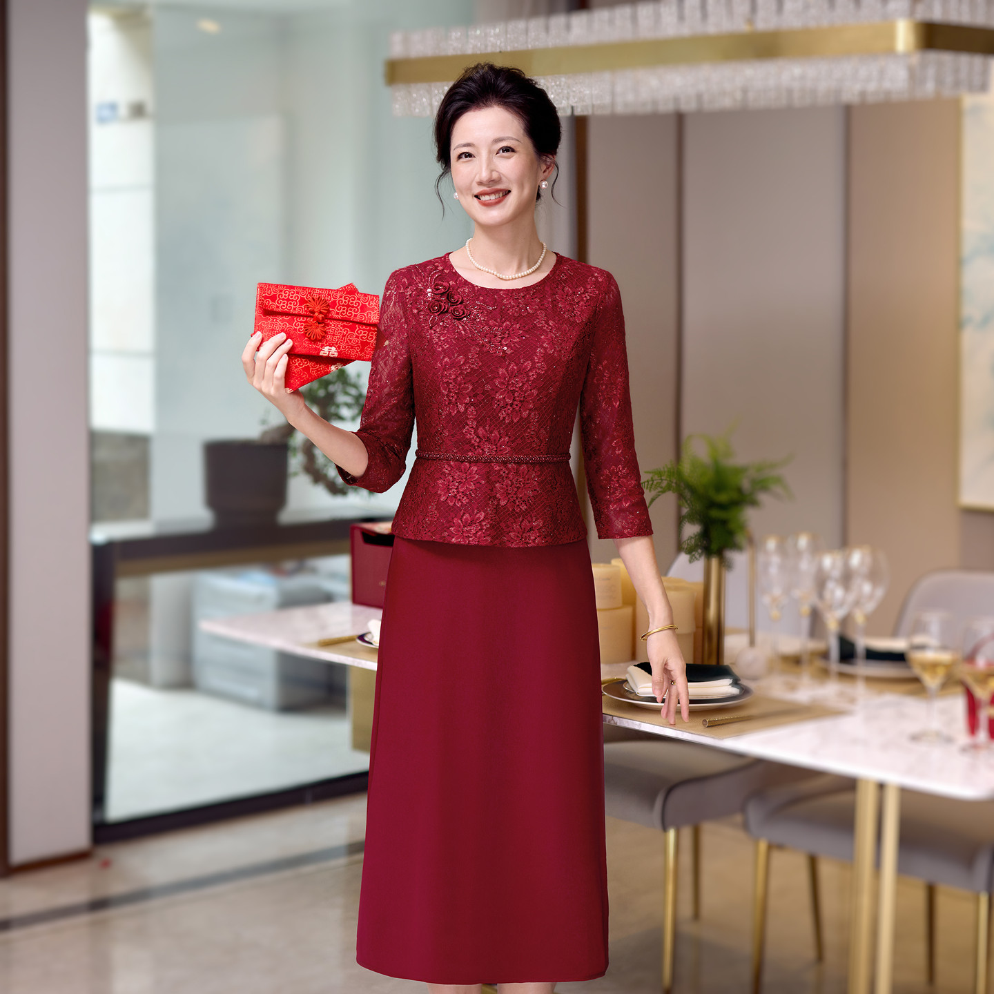 高端结婚喜婆婆装遮肚子连衣裙
