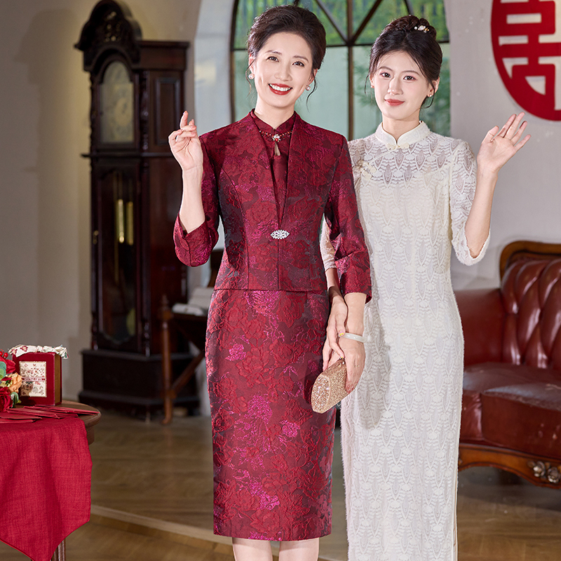 高端喜婆婆婚宴装婚礼妈妈礼服两件套连衣裙新中式旗袍套装裙秋冬
