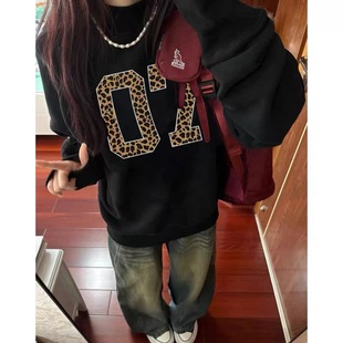 美式 高街潮牌豹纹字母黑色无帽卫衣女秋冬hiphop宽松复古套头上衣
