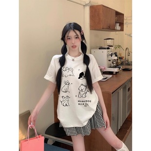 可爱小狗印花白色短袖 上衣 T恤女夏季 设计感小众圆领宽松显瘦半袖