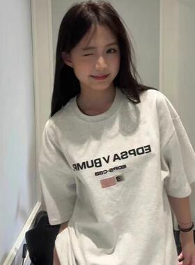 纯棉美式复古白灰色短袖t恤女夏季2025新款oversize情侣半袖上衣