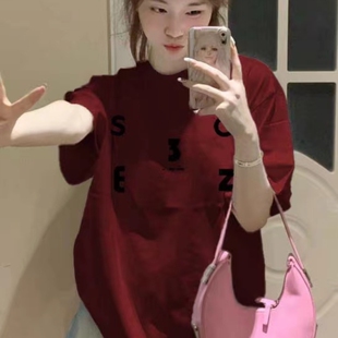 美式 T恤女2025春夏本命年oversize上衣 复古潮牌hiphop酒红色短袖