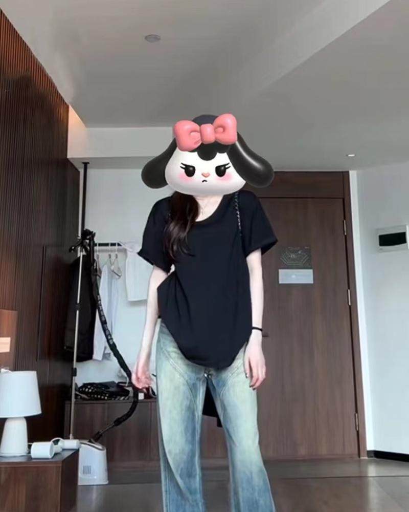 黑色u领正肩宽松短袖t恤女夏季2025新款纯棉内搭显瘦半袖休闲上衣