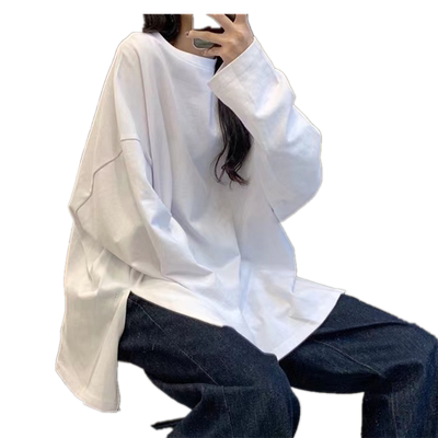 港风白色开叉长袖t恤女秋冬季宽松打底衫慵懒风百搭休闲上衣ins潮