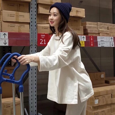 白色开叉纯棉长袖t恤女春秋