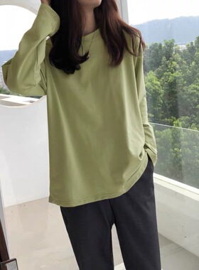 白色长袖T恤女宽松显瘦圆领韩版潮流打底衫2025秋冬纯色内搭上衣