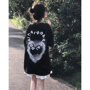 国潮牌美式 设计感小众ins宽松上衣 高街烟雾爱心纯棉短袖 t恤女夏季