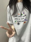 正肩重磅纯棉复古美式 t恤女2025新款 上衣 灰色糖果色字母短袖 夏季