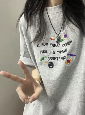 夏季灰色糖果色字母短袖t恤女2025新款正肩重磅纯棉复古美式上衣