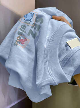 蓝色纯棉正肩短袖t恤女夏季2025新款宽松百搭休闲小个子半袖上衣