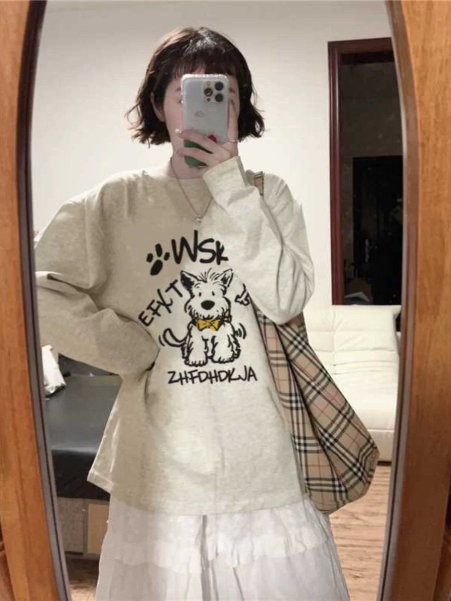 重磅纯棉长袖t恤女春秋2025新款宽松慵懒风小众设计感打底衫上衣