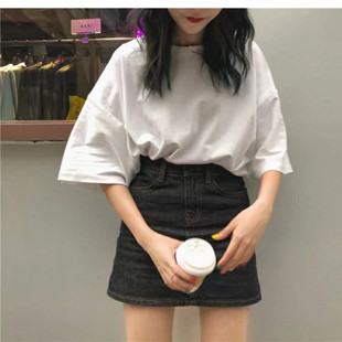 夏装新款韩版ins原宿bf风宽松学生上衣潮情侣装圆领纯色短袖T恤女