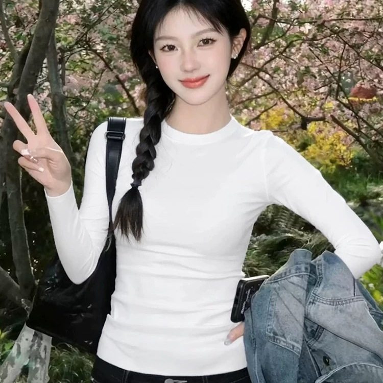白色内搭打底衫女长袖圆领修身紧身正肩上衣T恤秋冬季加绒可外穿