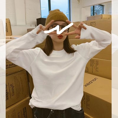 德绒正肩长袖t恤女白色内搭打底
