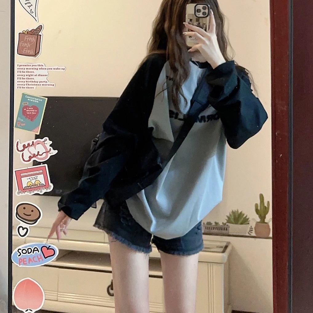 纯棉插肩袖撞色内搭宽松美式复古