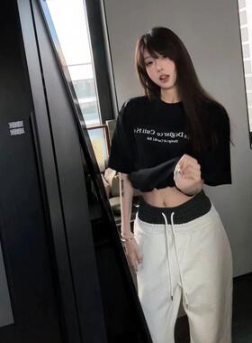 潮牌美式复古黑色短袖t恤女夏季2025新款小众设计感宽松半袖上衣