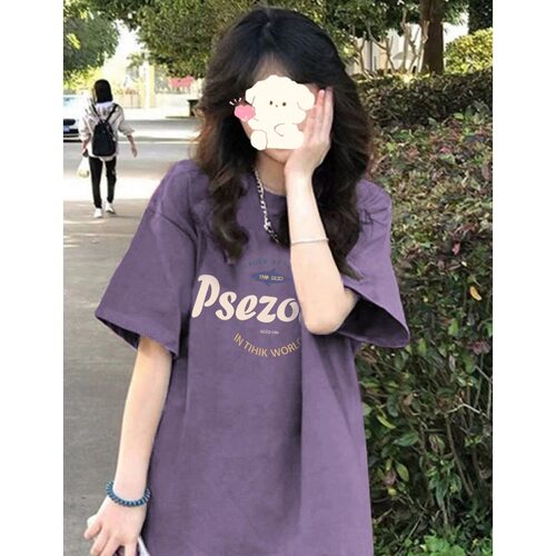 紫色短袖潮牌正肩t恤女夏季
