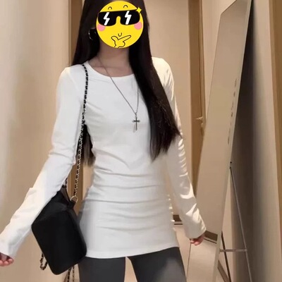 纯棉白色正肩长袖T恤女秋冬内搭