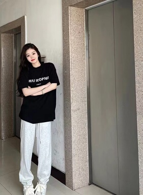 简约字母印花纯棉t恤女短袖夏季新款黑色正肩港味chic宽松上衣服