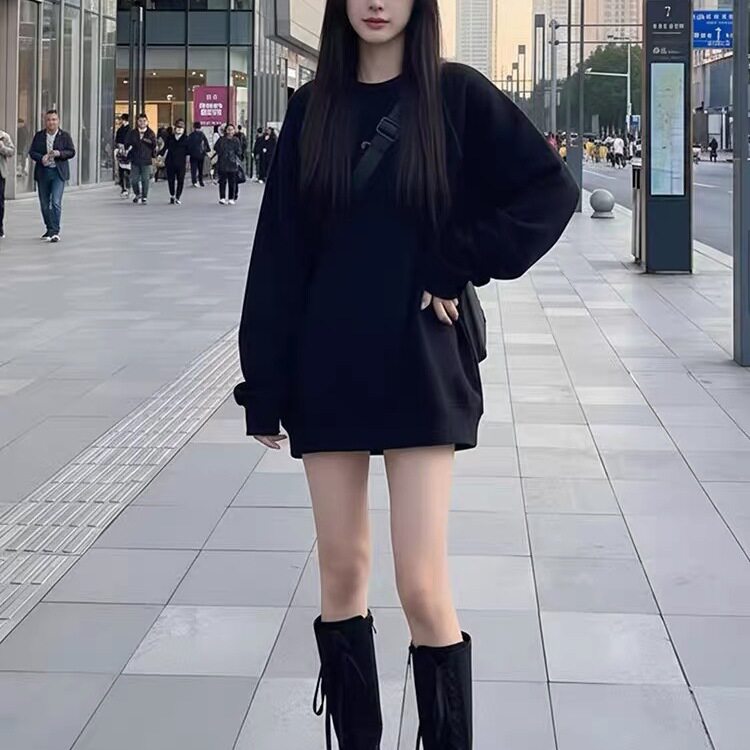 纯黑色圆领卫衣女春秋巨好看的宽松大版中长款慵懒风薄款简约外套
