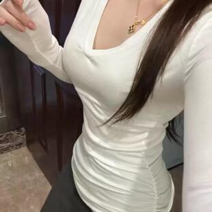 显瘦紧身辣妹上衣 修身 白色v领收腰正肩长袖 t恤女春秋冬内搭打底衫