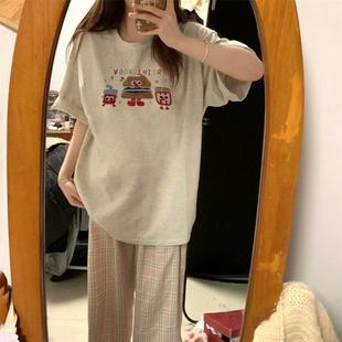 体恤上衣服 纯棉花灰色短袖 t恤女2025新款 夏季 宽松设计感小众半袖