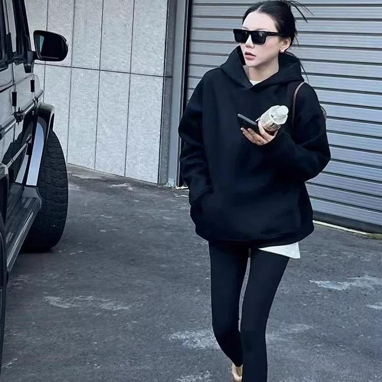 美式复古黑色加绒连帽卫衣女秋冬季宽松oversize外穿春秋加厚上衣