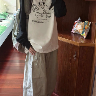 纯棉印花插肩拼色长袖t恤女2025新款款式内搭打底衫减龄早秋上衣