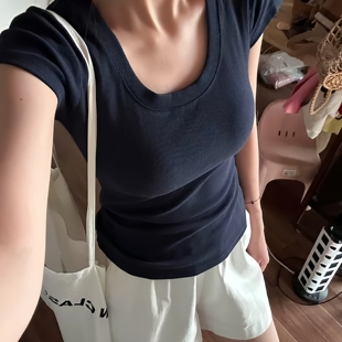 显瘦收腰基础百搭辣妹上衣 韩系正肩u领短袖 t恤女夏季 2025新款 修身