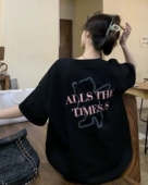 ins潮复古显瘦黑色短袖 纯棉夏季 上衣 街头风T恤女oversize大码 美式