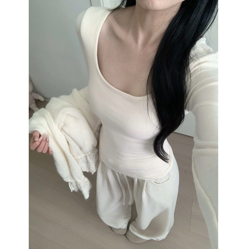 纯欲风白色修身打底衫内搭女上衣U领低领紧身T恤正肩长袖秋冬加绒,女装/女士精品,T恤,淘宝优惠券,粉丝福利购,淘宝优惠卷