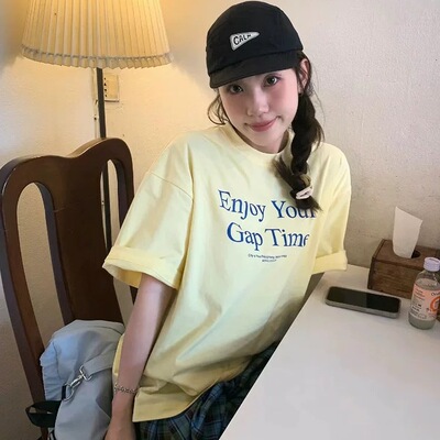 美式甜酷风奶黄色短袖t恤女