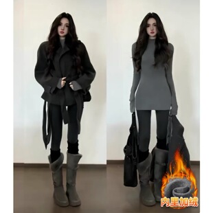 灰色半高领打底衫女冬季中长款遮屁股修身内搭加绒厚包臀上衣加长