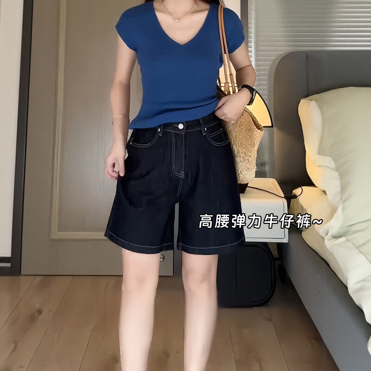 深蓝色高腰牛仔短裤女夏季薄款大尺码胖mm宽松显瘦弹力百搭五分裤