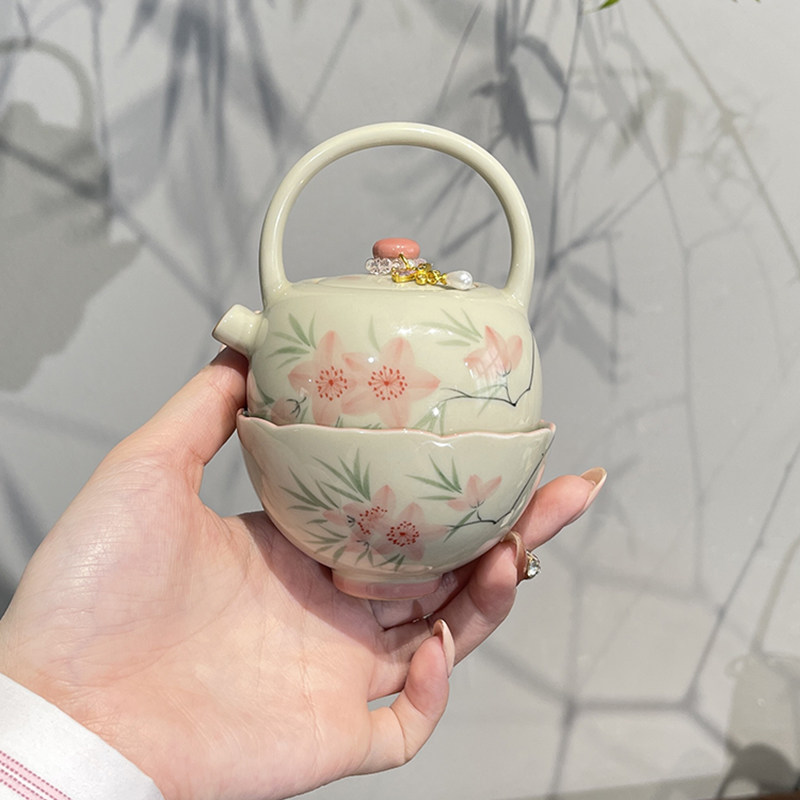 惊蛰 冰台色釉下彩手绘桃花一壶一杯功夫茶具陶瓷泡茶壶茶杯套组