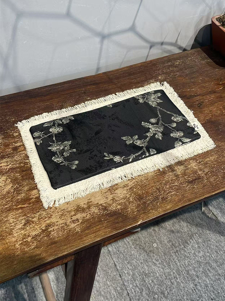 景浙锦黑底绣白梅干泡双面茶垫高底家用茶几布双面保温垫