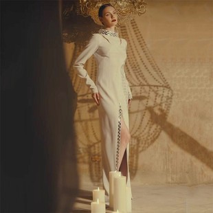 跨境欧美修身高冷感钉钻长袖开叉时尚优雅气质礼服长裙绷带连衣裙