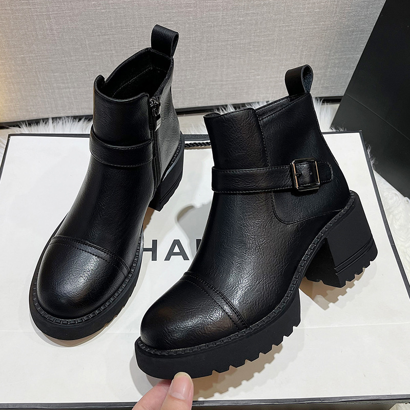 真皮厚底马丁靴女2025新款英伦风高跟小个子粗跟短靴冬季加绒