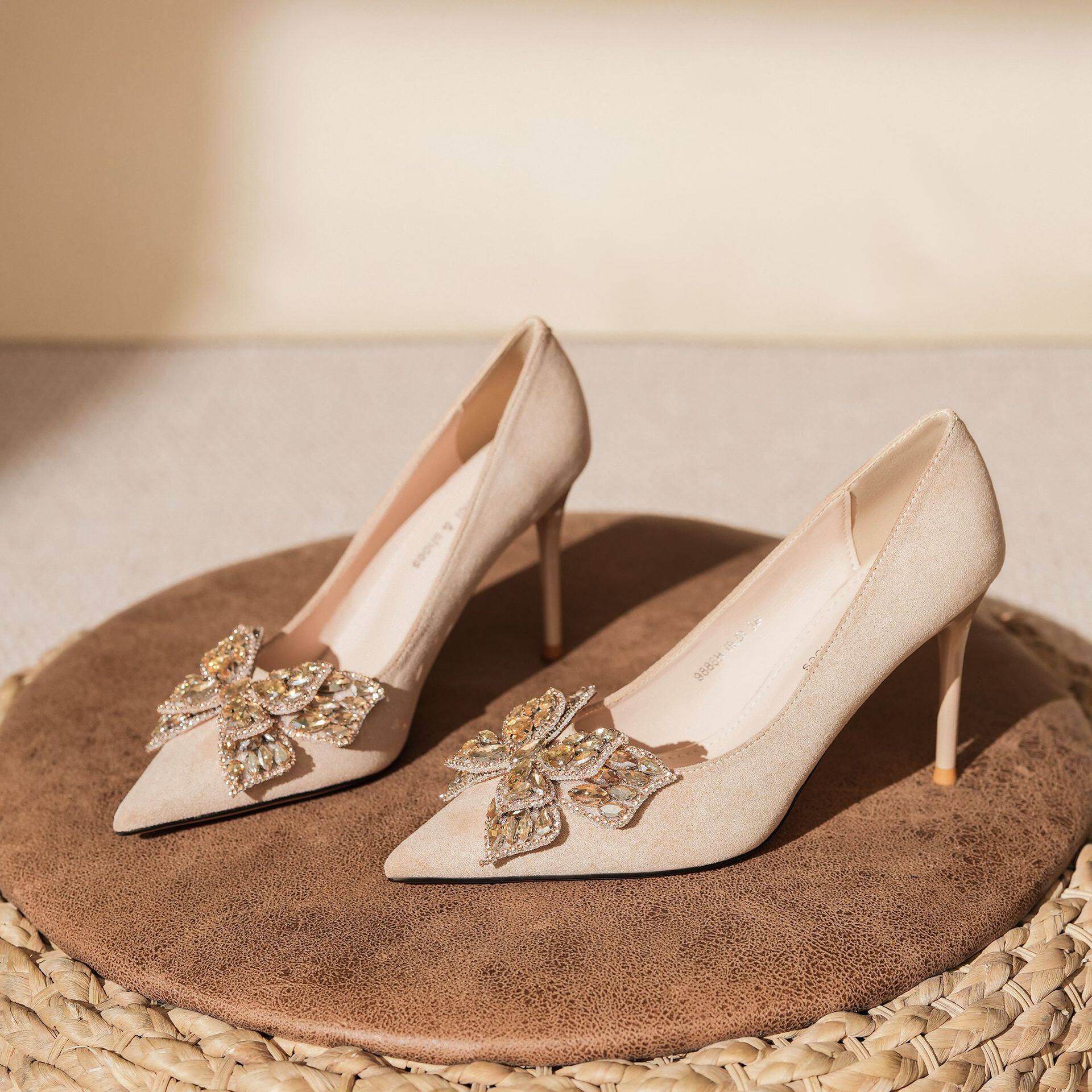 9888H-097水钻蝴蝶结绒面高跟鞋女细跟通勤日常百搭气质高级女鞋