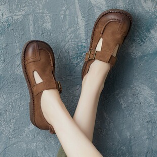 2025春季牛皮英伦风手工圆头扣带软皮平跟单鞋浅口单鞋2025年春季