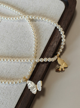 高级奶白珍珠项链轻奢小众蝴蝶吊坠锁骨链baby珠法式优雅百搭颈链