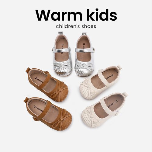 NUBEKIDS童鞋女童公主鞋春秋软底蝴蝶结银色玛丽珍鞋百搭小皮鞋子