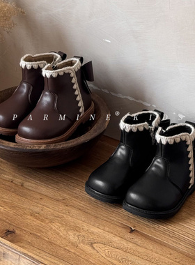 NUBEKIDS英国童鞋女童皮靴加绒冬季保暖百搭棉靴宝宝英伦风马丁靴