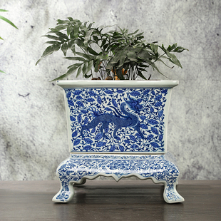 景德镇陶瓷花盆手绘四角绿植中式青花瓷盆栽麒麟罗汉松树盆景兰花