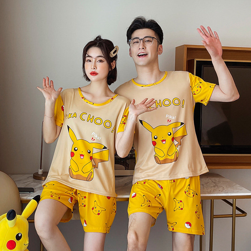 3情侣睡衣夏季男女2021年新款短袖卡通可爱圆领牛奶丝薄大码家居服