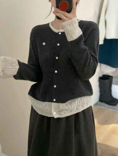 欧洲站2025冬季新款高品质软糯圆领羊毛羊绒假两件针织开衫