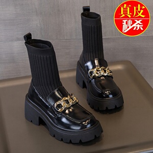 青蕴增高短靴女2023春秋新款弹力瘦瘦英伦风粗跟连袜靴一体乐福鞋
